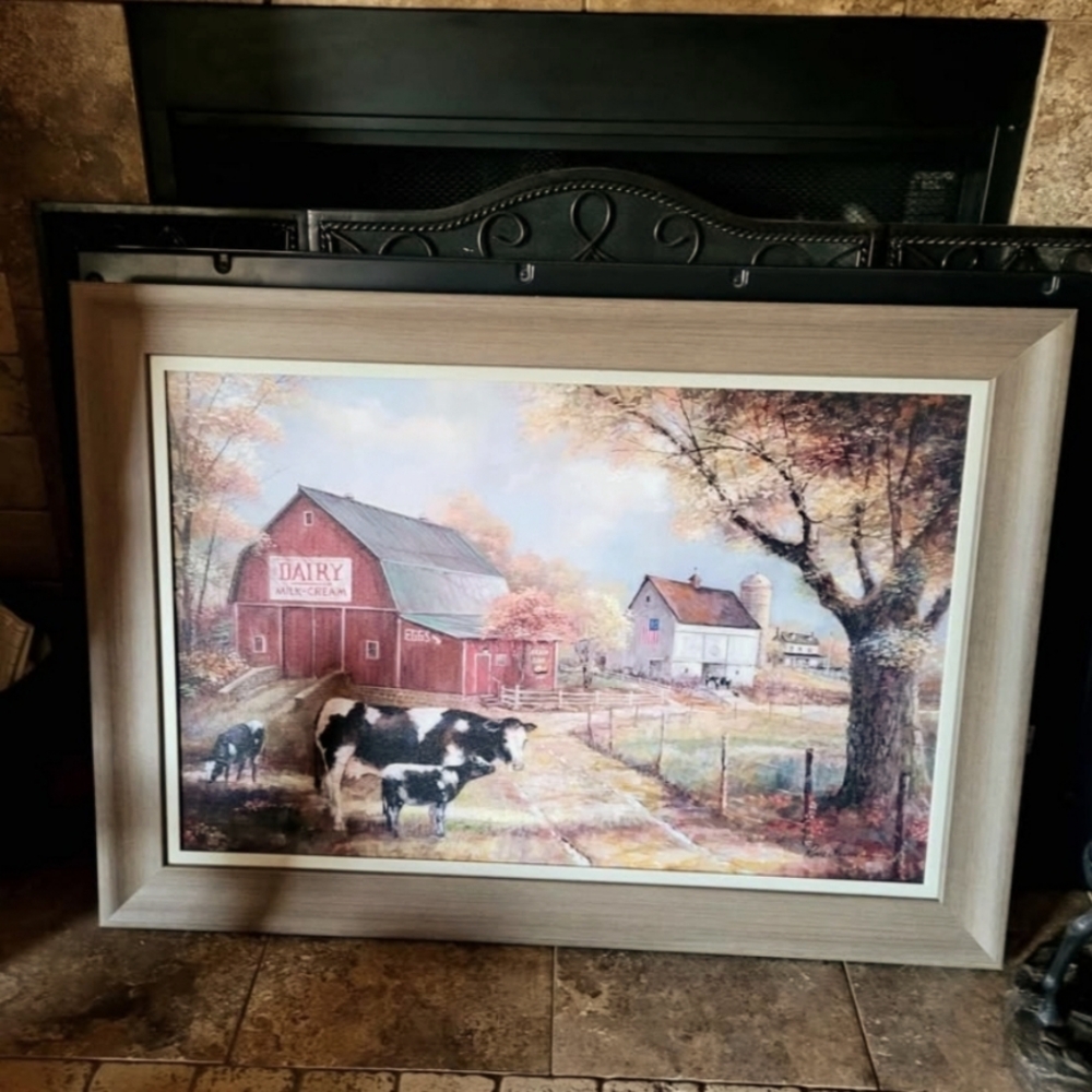 Framed Farmhouse Barn and Cows Art Print size  41x29